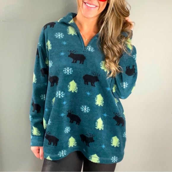 Vintage Jackets & Blazers - ❄️ Vintage Nordic Snowflake Forrest Moose Quarter Zip Fleece Pullover Sweatshirt